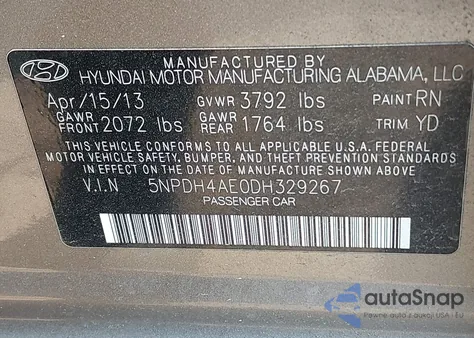 2013 Hyundai Elantra Gls from USA, damaged, VIN 5NPDH4AE0DH329267